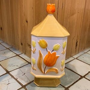 70’s vintage ceramic floral container with molded tulip pattern in autumn shades